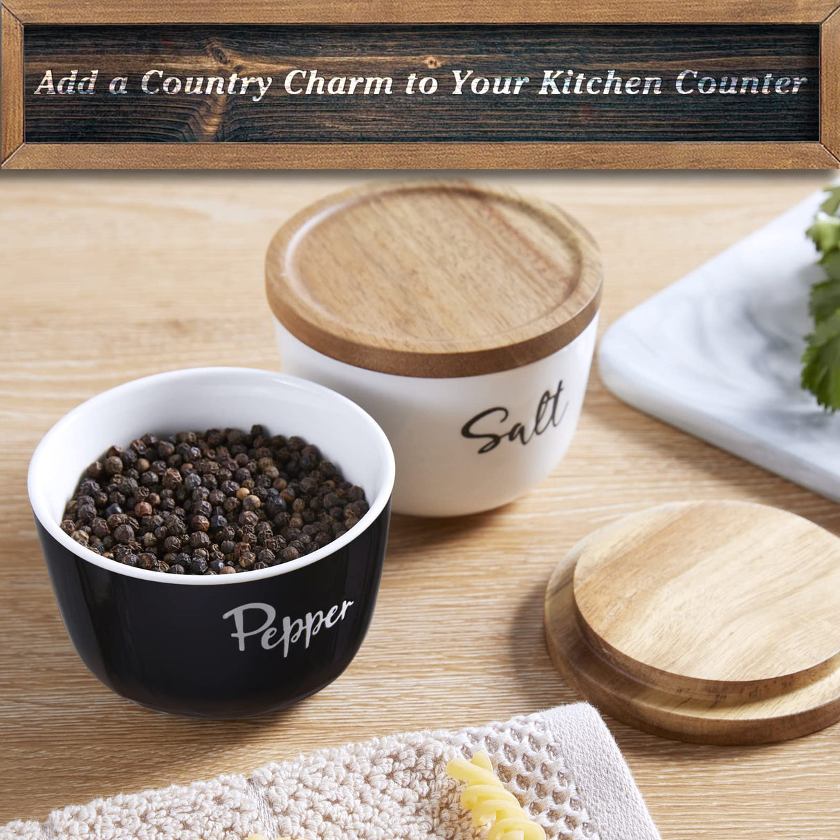 DAYYET Salt and Pepper Bowls, 10 oz Salt Cellar with Lid, Stacked Ceramic Salt Pepper Container with Acacia Wood Lid, Salt Box for Countertop, Black and White Kitchen Decor, Set of 2 DAYYET