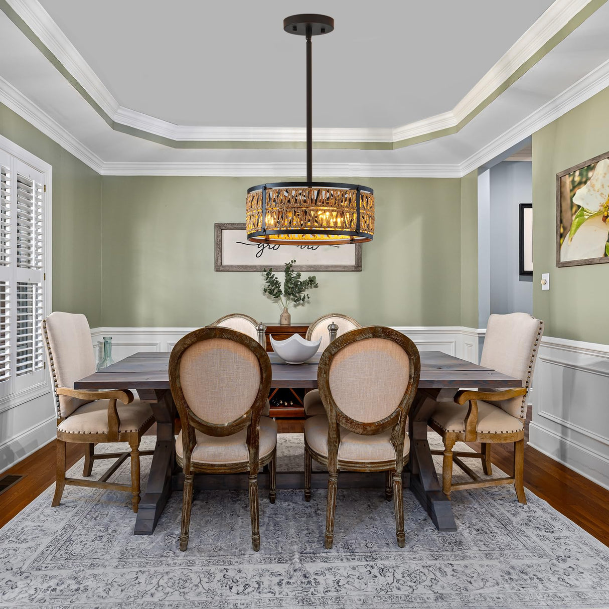 Bsyormak 3-Lights Rattan Boho Chandelier for Dining Room Drum Wicker Pendant Light Fixtures Hanging Woven Coastal Ceiling Light for Farmhouse Kitchen Island Living Room Bedroom Bsyormak