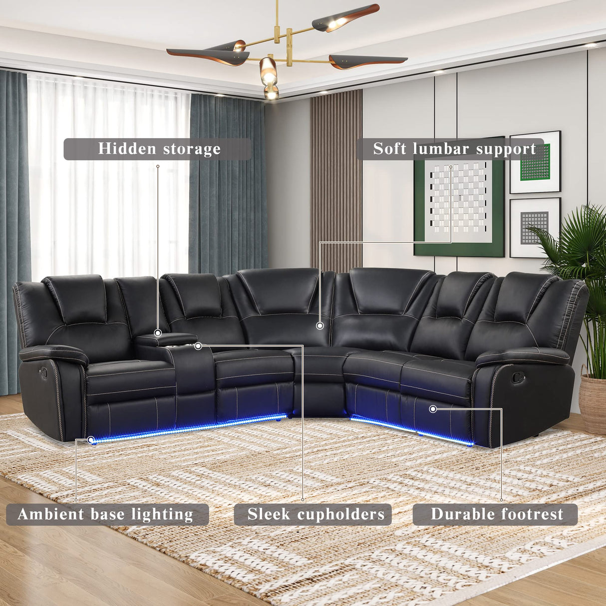 Favfurish 102.36" Home Theater Seating Seats, Movie Theater Chairs with Center Console with LED Light Strip,Living Room Furniture Set,PU Symmetrical Couch with 2 Cup Holders and Storage,Black Favfurish