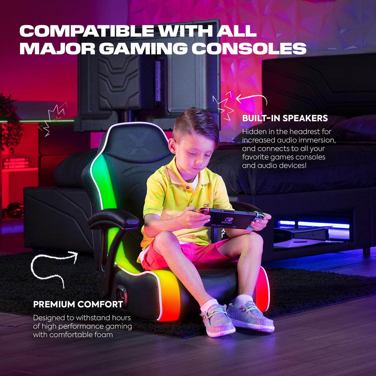 X Rocker Emerald RGB LED Youth Floor Rocking Video Gaming Chair with Headrest Speakers, Armrests, Foldable, Vegan Leather, 200 lbs Max, Amazon Exclusive, Black X Rocker