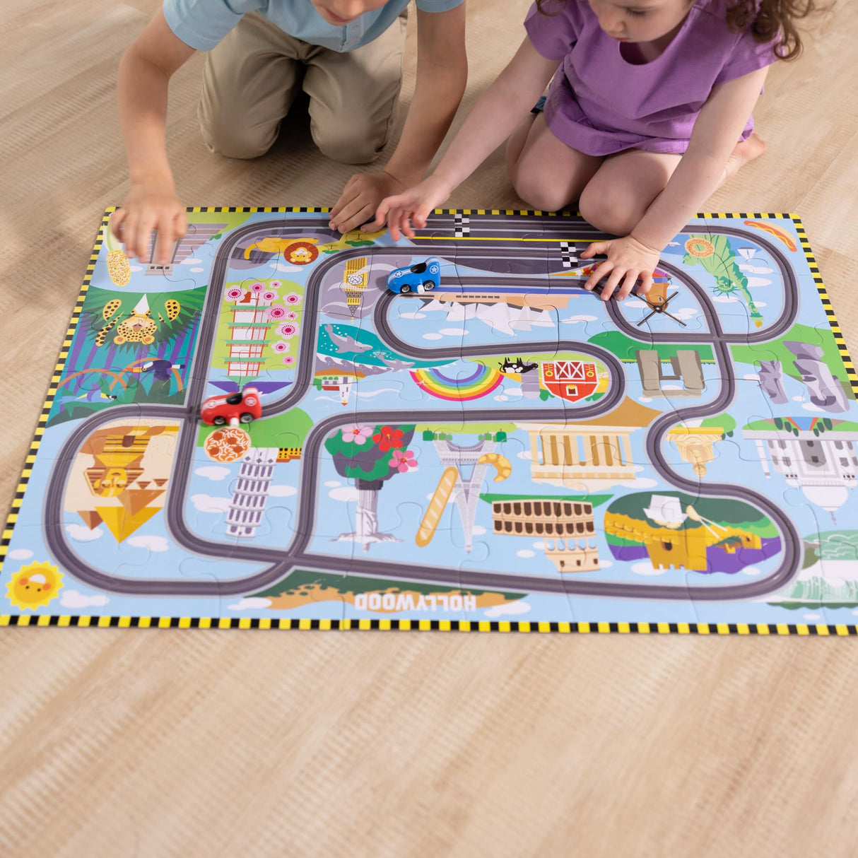 Melissa & Doug Race Around the World Tracks Cardboard Jigsaw Floor Puzzle and Wind-Up Vehicles – 48 Pieces, for Boys and Girls 4+ - FSC Certified Melissa & Doug