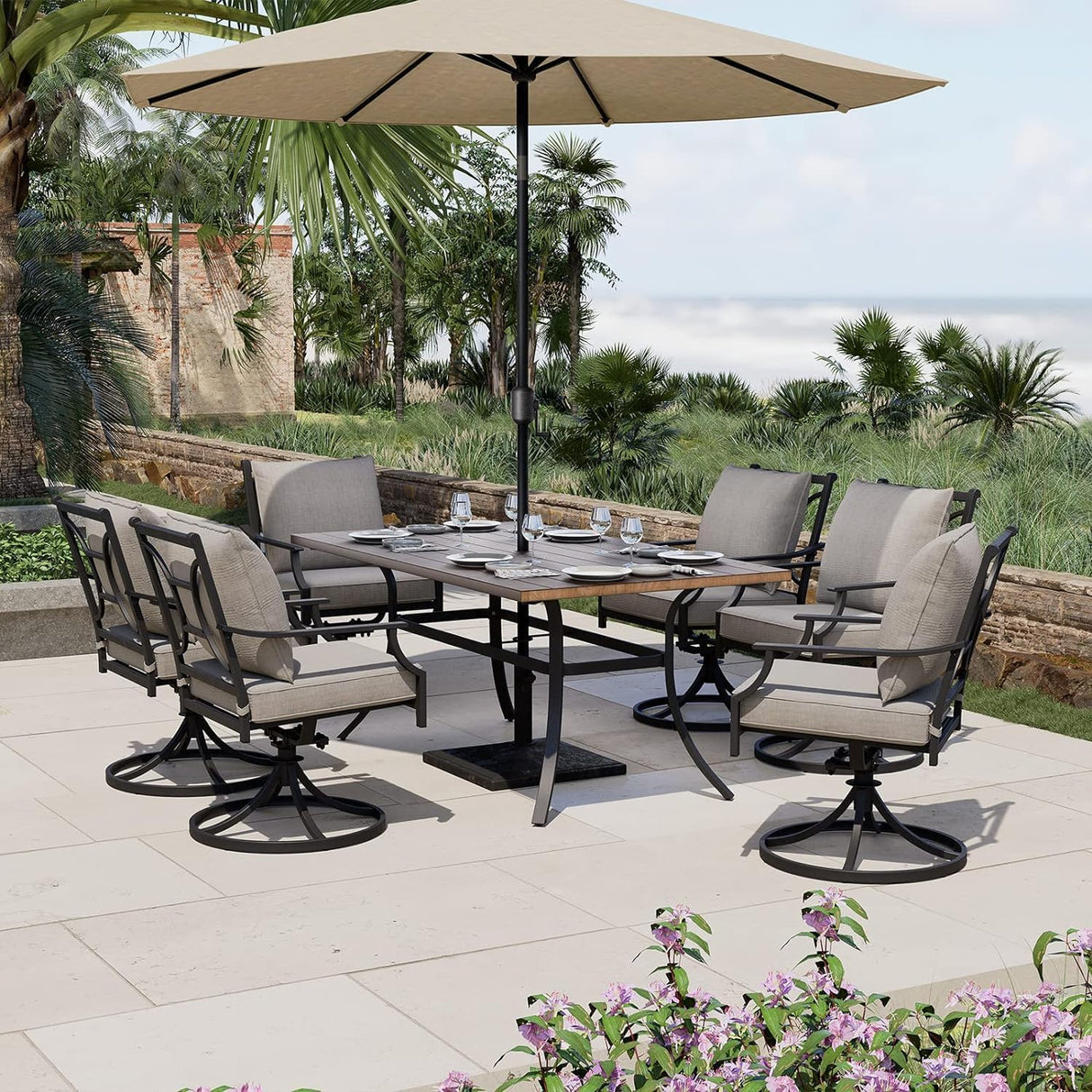 Grand patio 7-Piece Patio Dining Set for 6, E-Coated Outdoor Dining Set Swivel Patio Dining Chairs with Olefin Cushions & 1 Black Rectangular Faux Woodgrain Dining Table with 1.5”Market Umbrella Hole Grand patio