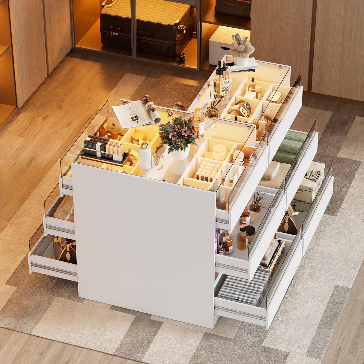 PakaLife Armoire Wardrobe Closet Island with 9 Drawers,Led Lights,Glass Tabletop,Bedroom Island with Jewelry Organizer,Storage Bench with Cushion,Island Dresser with Display Shelf for Fitting Room PakaLife