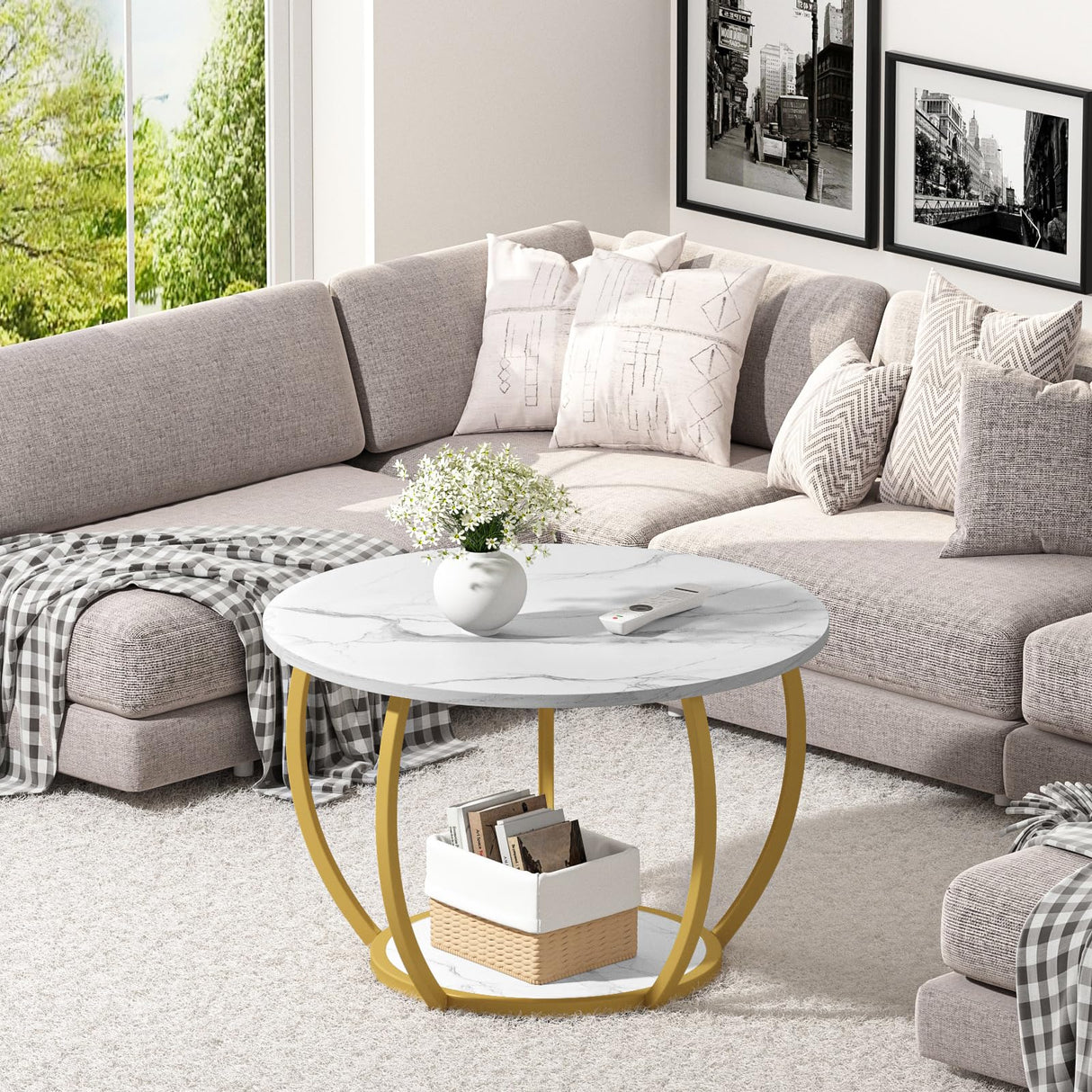 GreenForest Round Coffee Table with Storage, 27.6 inch Small Living Room Tables with Adjustable Feet, 2-Tier Farmhouse Center Table for Home Office, Marble GreenForest