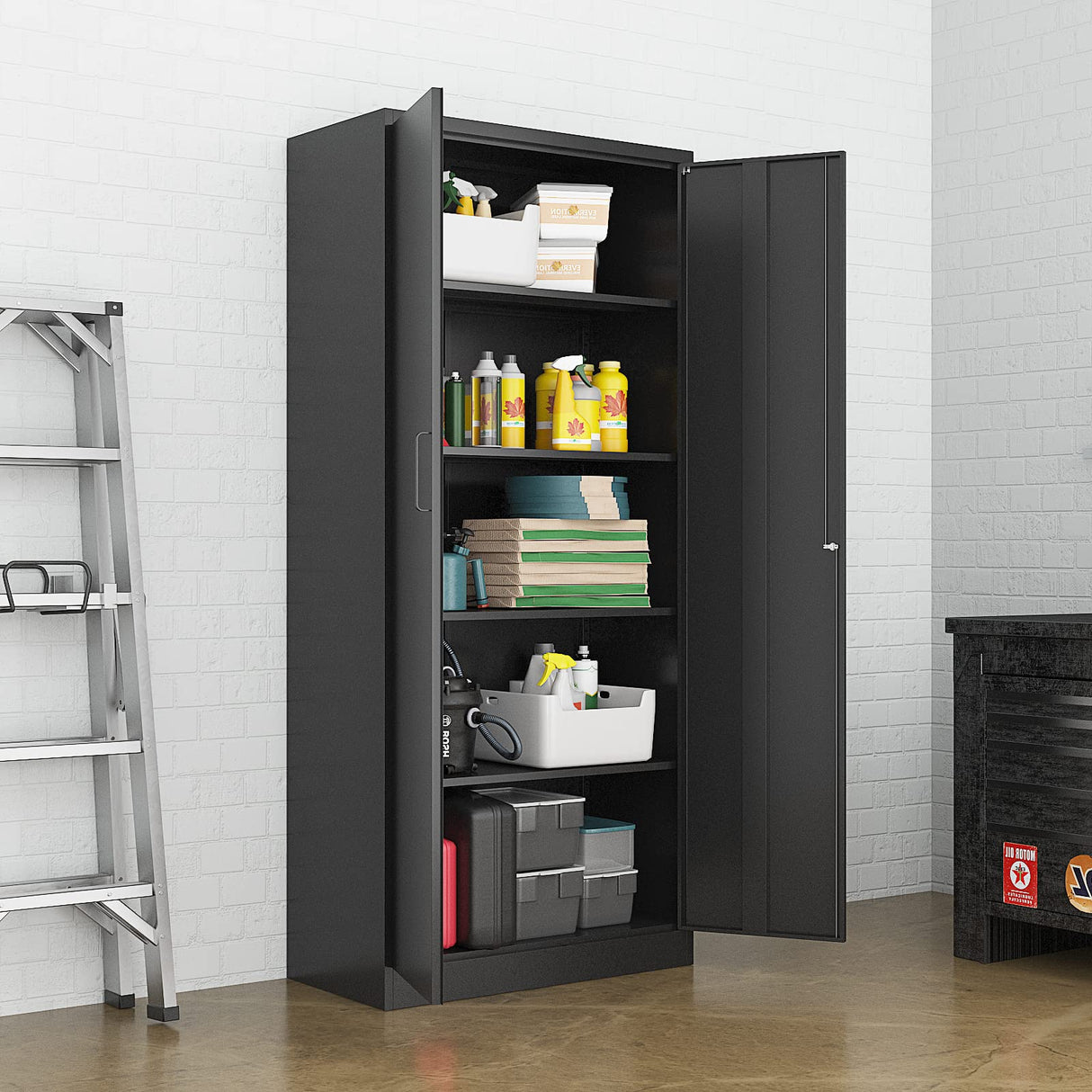 PEUKC Metal Garage Storage Cabinet, 71-inch Tall Storage Cabinet with Adjustable Shelves & Locking Doors, Tool Cabinets for Garage,Office,Home,School,Gym Storage (Black) PEUKC