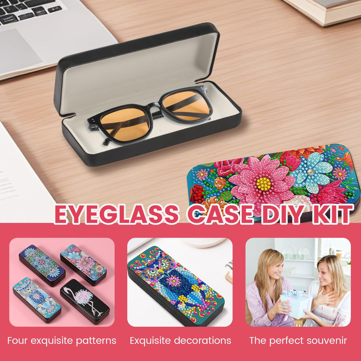 Tcwhniev 4Pcs PU Leather Diamond Art Kits Eyeglass Case, Unique DIY Diamond Sunglasses Case with Soft Lining, Gem Art Paint by Diamonds Dots for Beginner Craft Lover Women Tcwhniev
