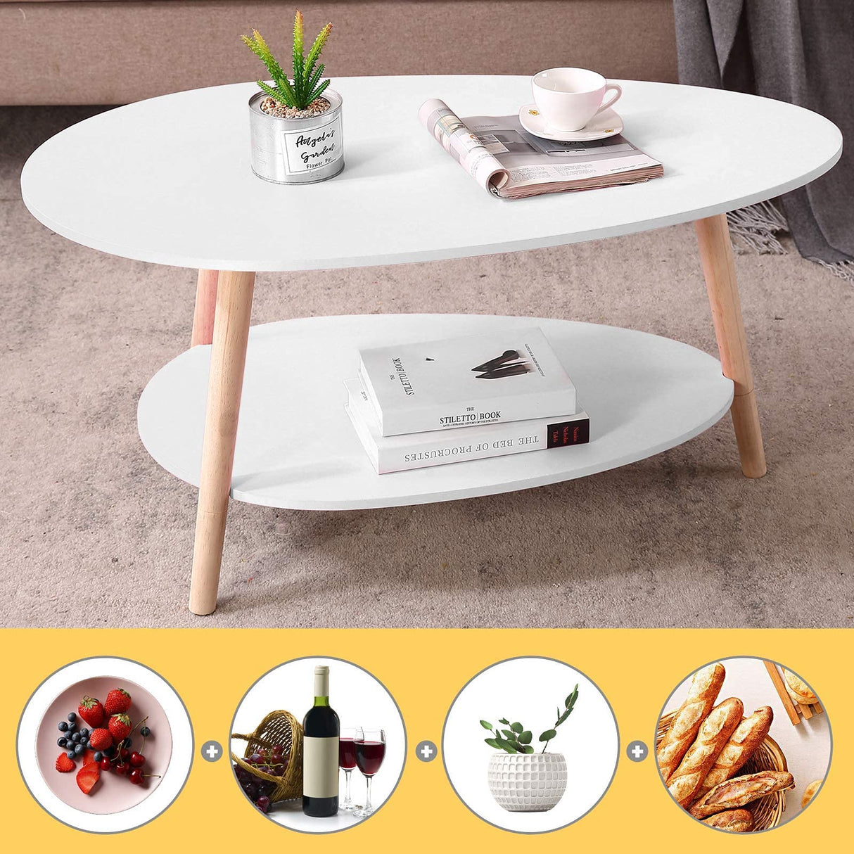 Maupvit Coffee Table-Oval Wood Table with Open Shelving for Storage and Display 2 Tier Sofa Table, Small Modern Furniture Living Room&Home Office-White Maupvit