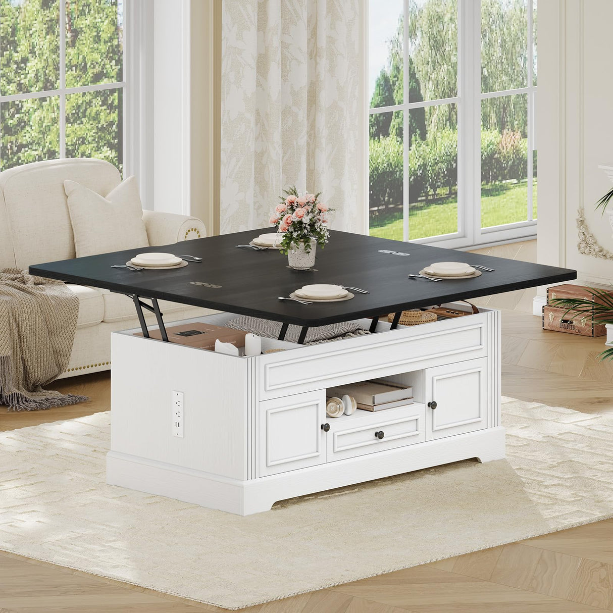 Itaar Farmhouse Lift Top Coffee Table with Power Outlets, Multi-Function Coffee Tables with Storage and Hidden Compartment,Converts to Dining Table for Living Room, Home Office, Black Top Itaar