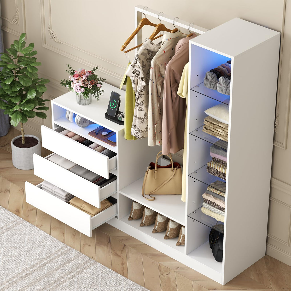 Armoire Wardrobe Closet with Hanging Rod & 3 Drawers, Large Clothing Storage Cabinet with Charging Station & Led Lights, Closet Organizers and Storage with Adjustable Shelf, White Dresser for Bedroom Gyfimoie