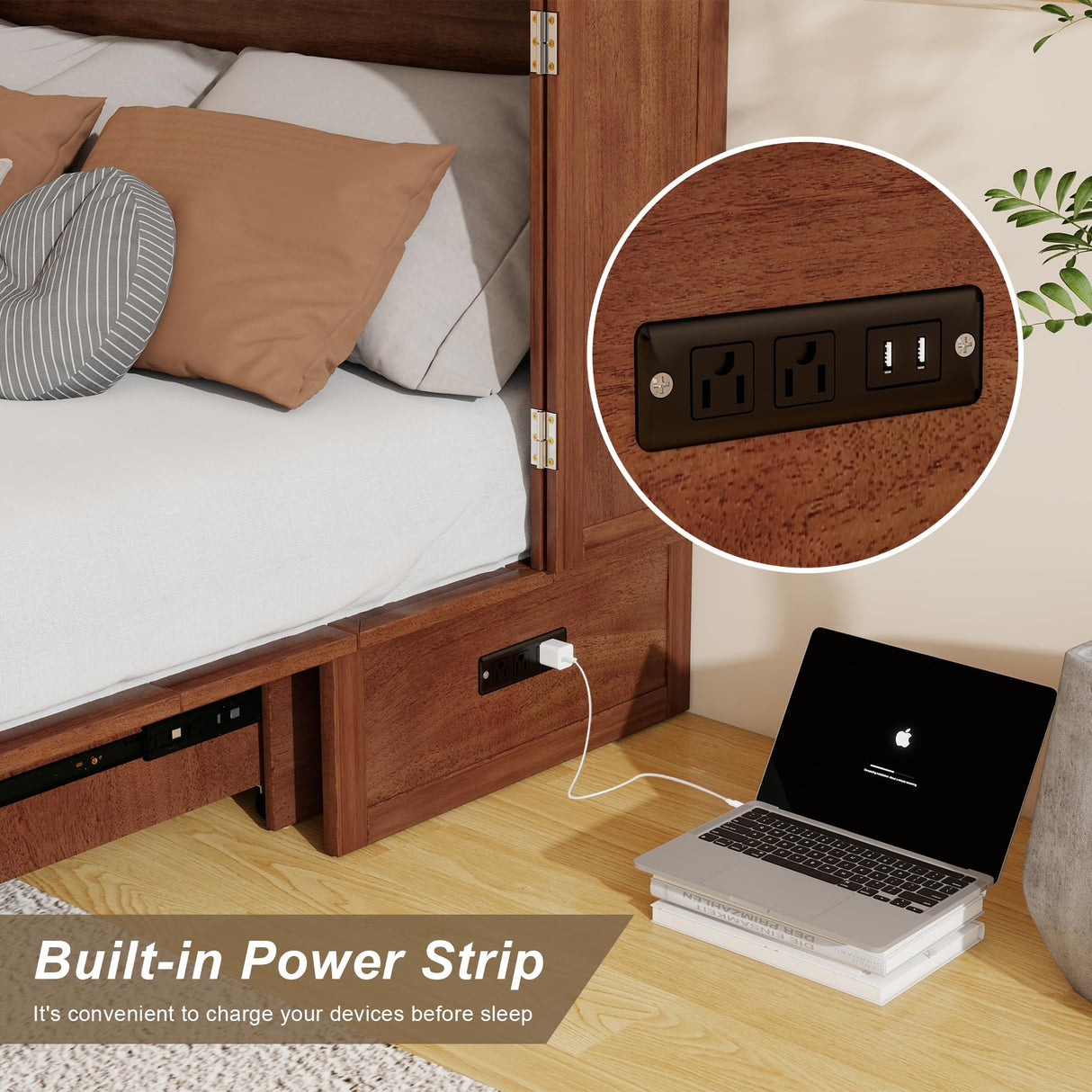 Keloyid Solid Wood Murphy Bed Cabinet:Queen Size Murphy Bed with USB Charging Station and Large Storage Drawer for Home,Optimize Sleeping Space(Mattress Not Included) Brown Yellow-9 Keloyid