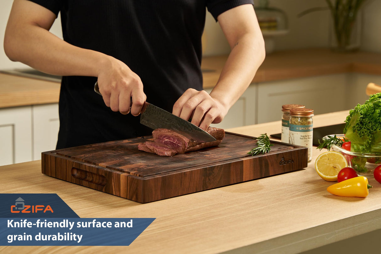 Cozifa American Dark Walnut Wood Cutting Board 17"x12"x1.6" for Kitchen with Juice Groove, Inner Handles, Gift Box Packaging and End Grain Butcher COZIFA