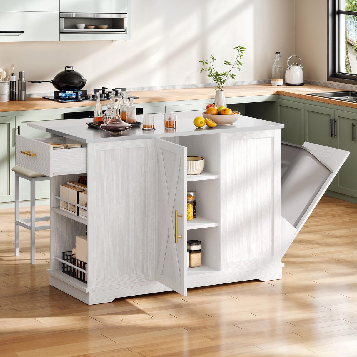 YITAHOME Kitchen Islands with Seating, 47" Mobile Storage Island with Trash Can, Rolling Kitchen Island Cart with Drop Leaf & Stainless Steel Countertop, Bar Table with 2 Stools, Spice Rack, White YITAHOME