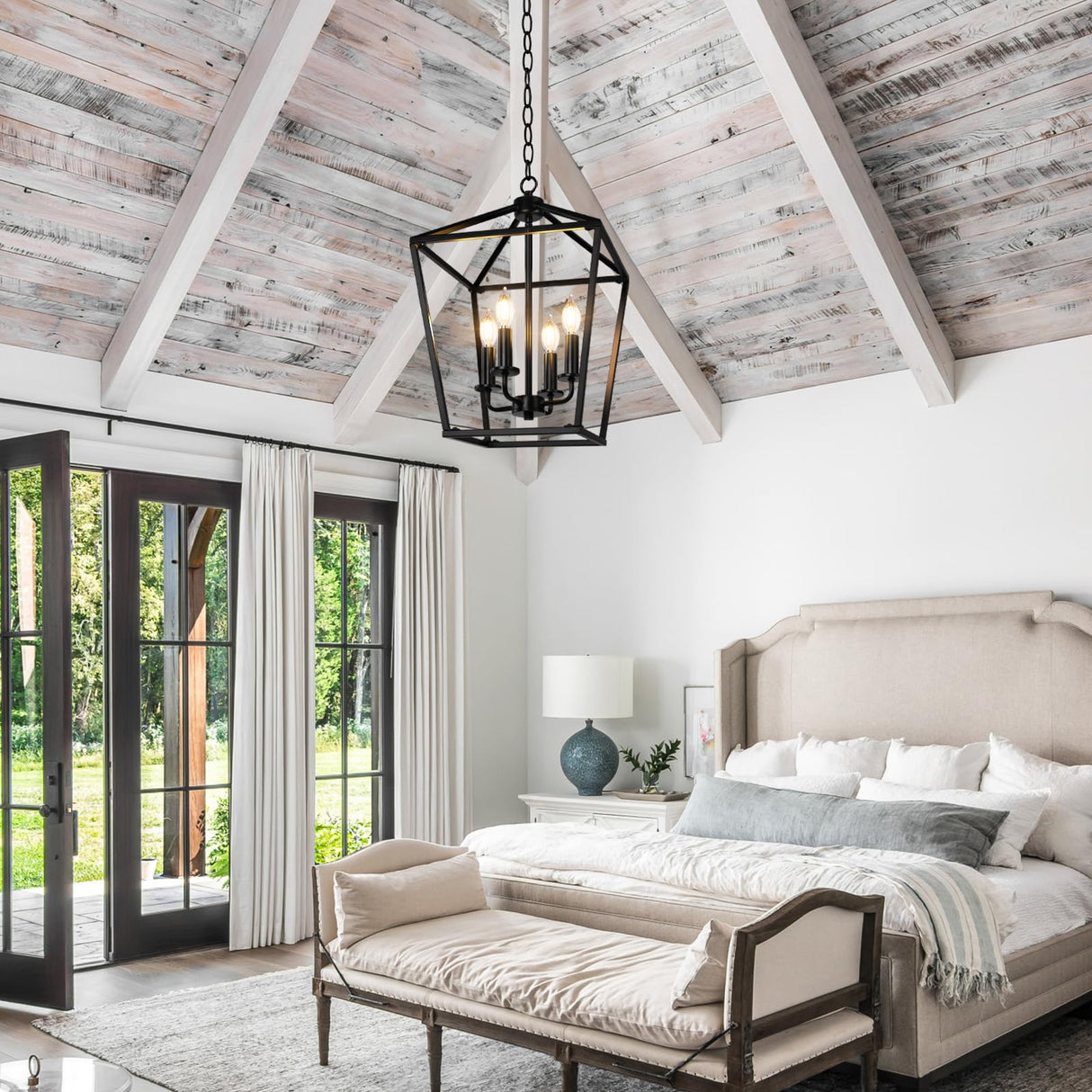 BrightHome Farmhouse Chandelier 4-Light, Black Pendant Light Fixture for Kitchen Island Dining Room, Lantern Industrial Lighting Ceiling Hanging with Metal Cage Adjustable Height for Entryway Foyer BrightHome