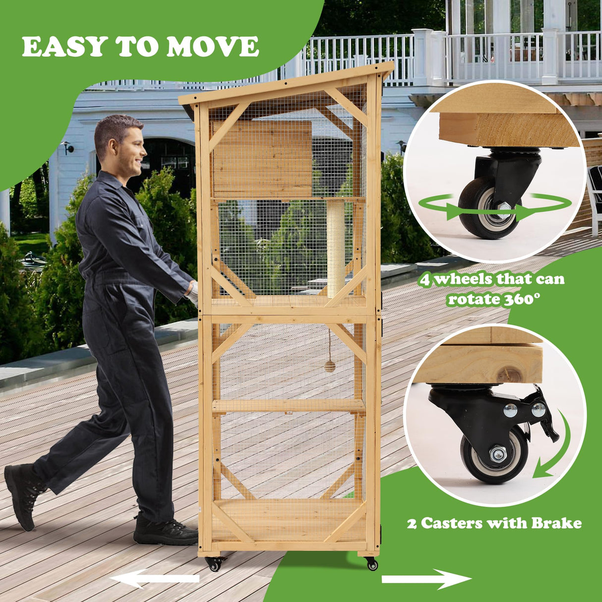 Grepatio Catio Outdoor Cat Enclosure, 4 Tiers Cat House with Waterproof Roof, Indoor Cat Cage with Wheels and Removable Floor, Large Outside Wood Cattio Kitty with Resting Box, Window Access (Natural) Grepatio