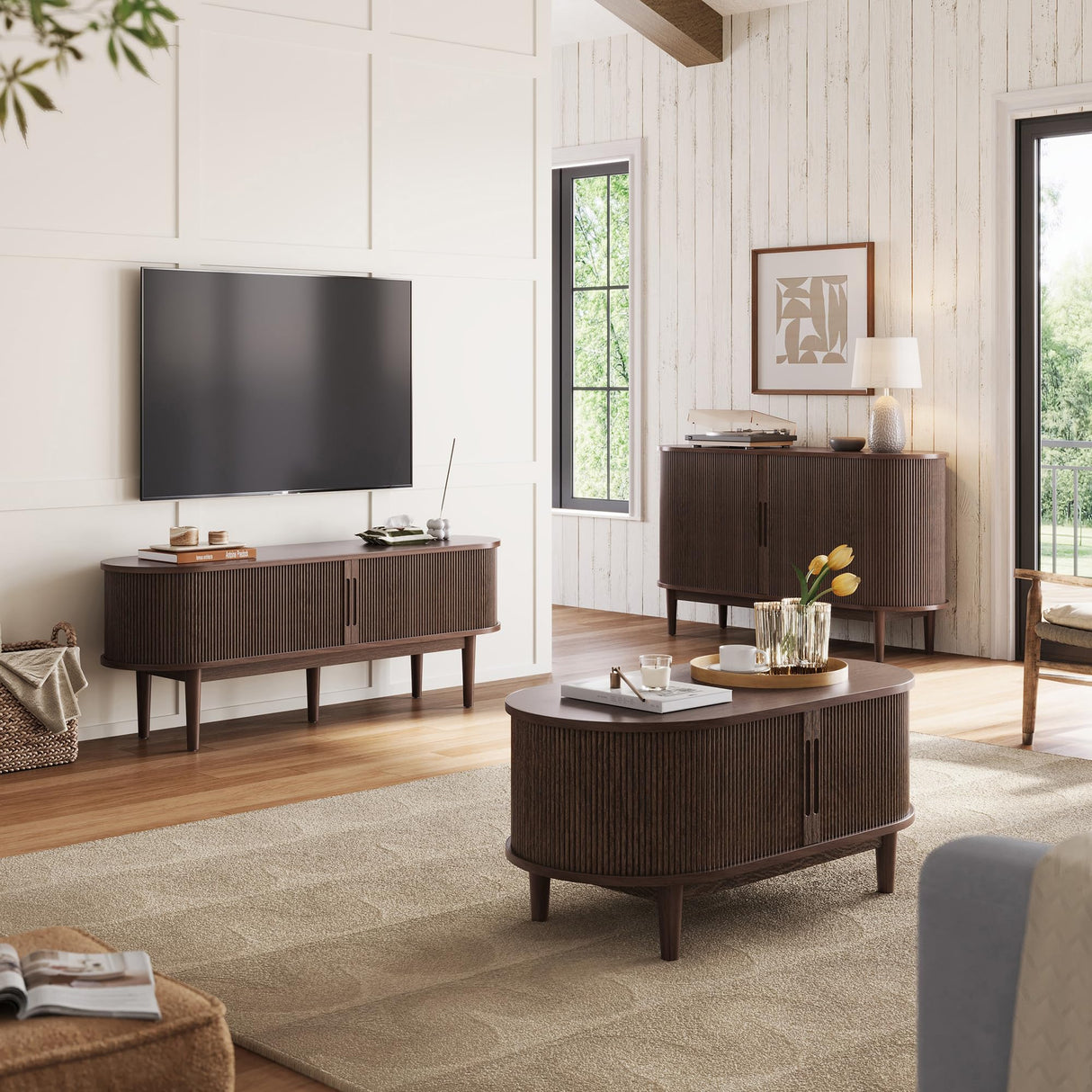 LINSY HOME TV Stand for 65" TV, Mid-Century Modern 58" Entertainment Center with Sliding Tambour Door and Storage Cabinet, Cruved TV Media Console Table for Living Room, Bedroom, Walnut LINSY HOME