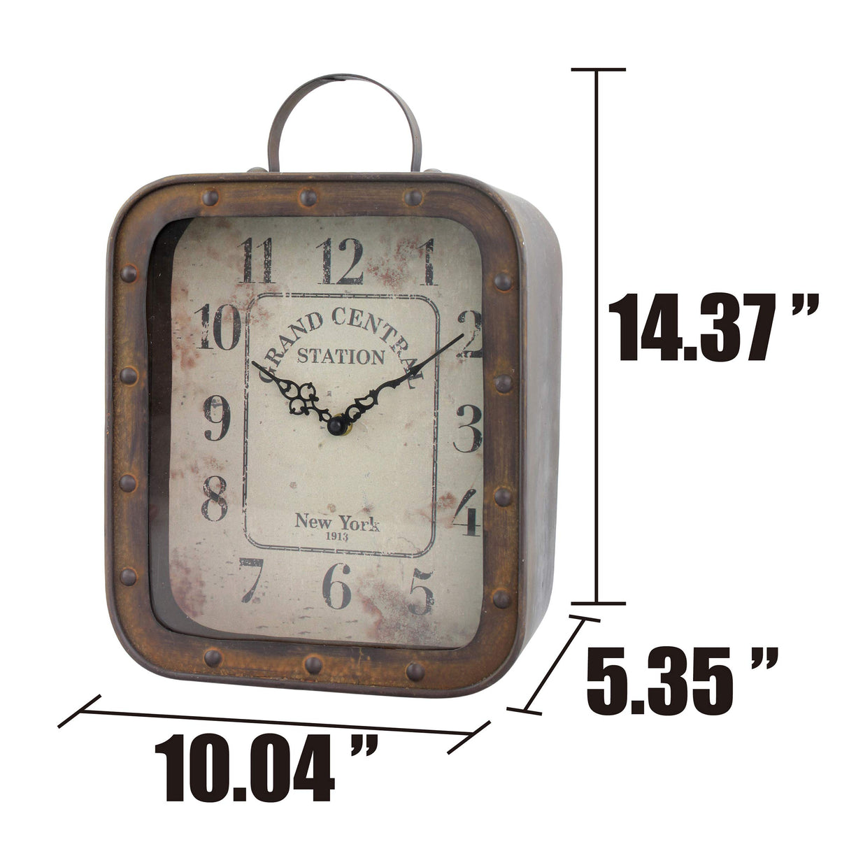 Stonebriar Large Square Rustic Metal Table Top Clock with Handle and Rivet Detail, Industrial Home Decor Accents for the Mantel, Shelf, Desk, or Any Table Top, Battery Operated Stonebriar