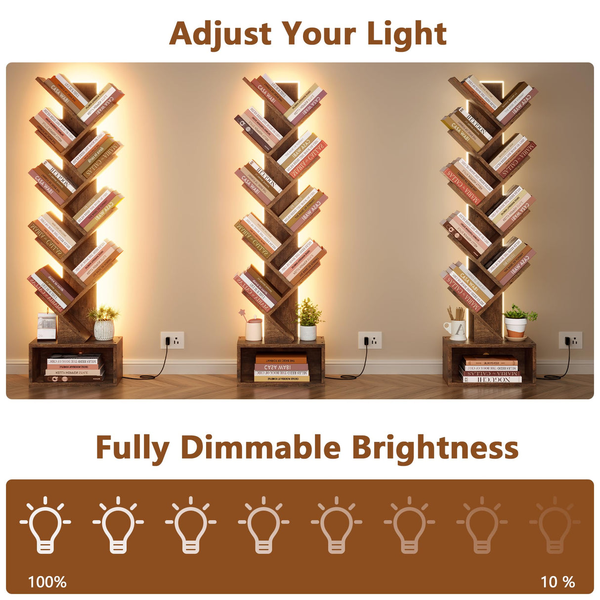 Hoctieon 9 Tier Tree Bookshelf, Tall Bookcase, Freestanding Book Shelf with LED Lights, Display Floor Standing Storage Shelf, Book Organizer Shelves for Home Office, Living Room, Rustic Brown Hoctieon