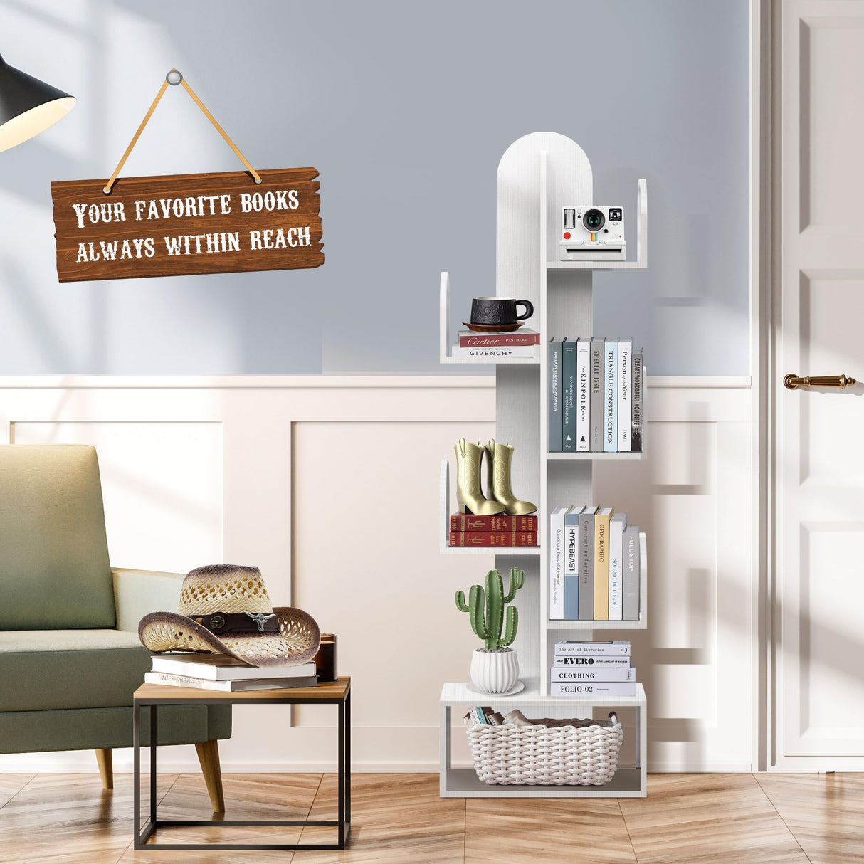 DOZILY Cactus Tree Bookshelf, 5-Tier Wood 50" Tall Book Storage Rack for CDs/Movies/Books, Small Space-Saving Organizer Shelves for Living Room, Bedroom, Home Office (White) DOZILY