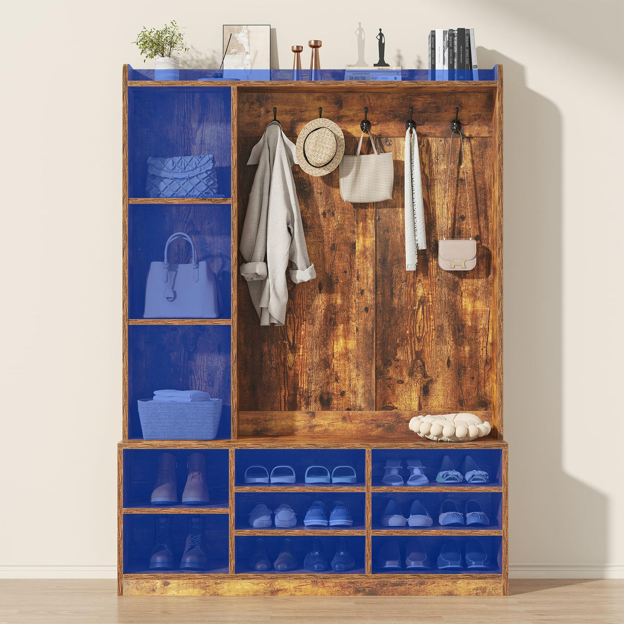 Nosepen Hall Tree with Bench and Shoe Storage, 5-in-1 Entryway Storage Bench, Shoe Rack with Coat Rack, 8 Shoe Cubbies & 5 Coat Hooks, Adjustable Shelf, Top and Side Storage, Rustic Brown Nosepen