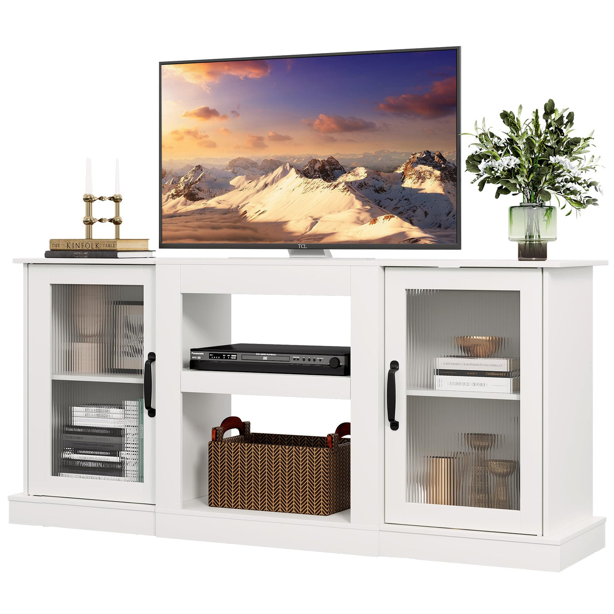 WLIVE Retro TV Stand for 65 inch TV, TV Console Cabinet with Storage, Open Shelves Entertainment Center for Living Room and Bedroom, White WLIVE