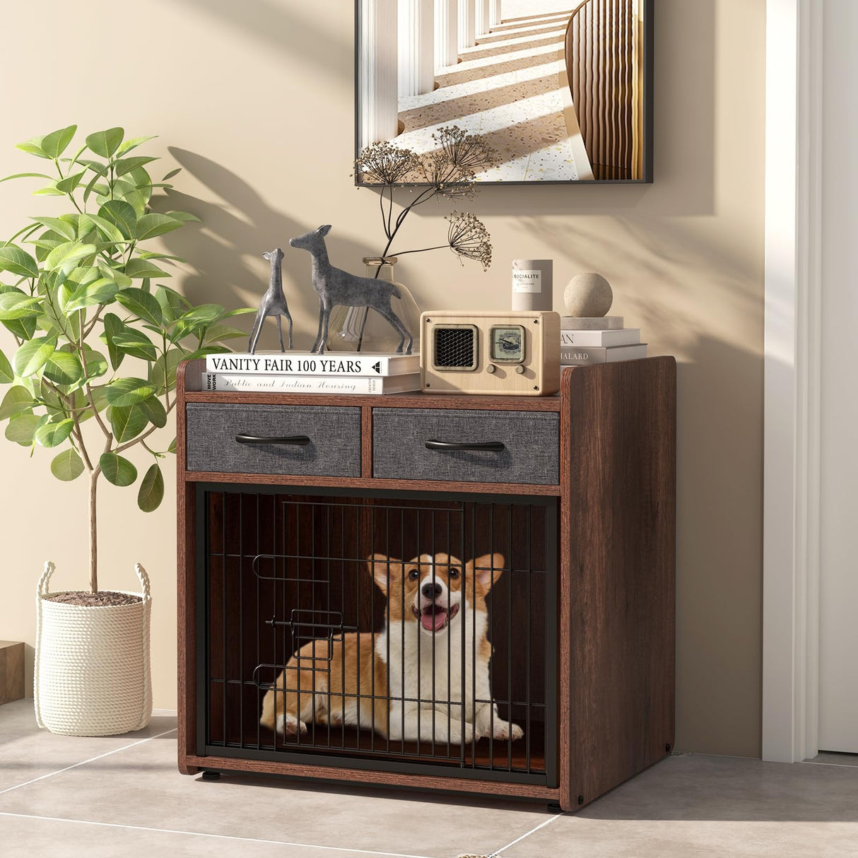 Giantex Dog Crate Furniture - Wooden Dog Cage End Table with 2 Storage Drawers, Latched Door, Pet House Dog Kennel Indoor for Small Dogs, Furniture-Style Dog Crate Side Table, Brown Giantex
