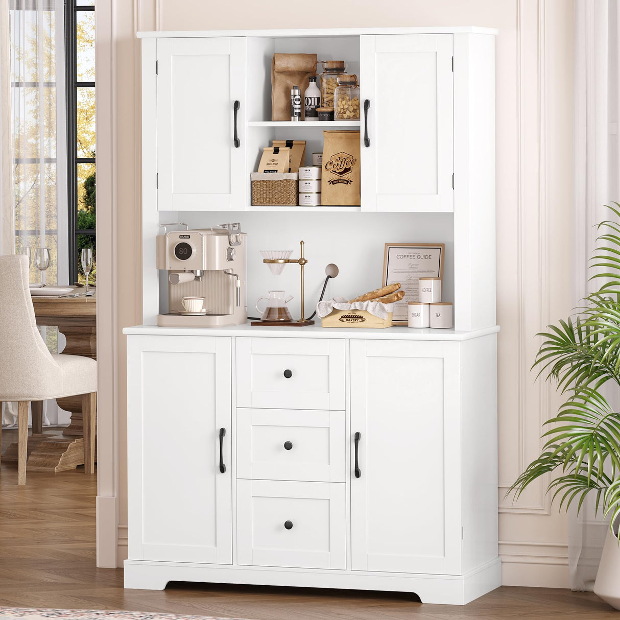 BOTLOG 68" Tall Kitchen Pantry Cabinet with Microwave Stand, Kitchen Hutch Cabinet with Door Shelves, Farmhouse Freestanding Food Pantry for Living Room, Dining Room, White BOTLOG