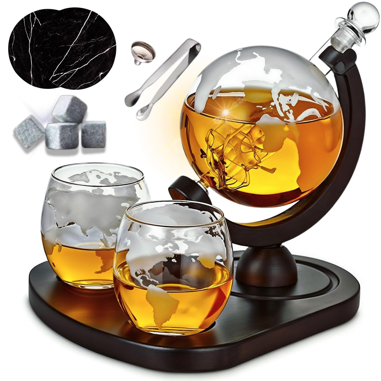 Whiskey Decanter Globe Set with 2 Etched Globe Whisky Glasses | Whiskey Stones, Ice Tong, Coasters, Funnel - Gifts for Men Dad, Husband - Liquor, Bourbon, Scotch, Vodka with a Wood Stand - 850ml Desired Cart
