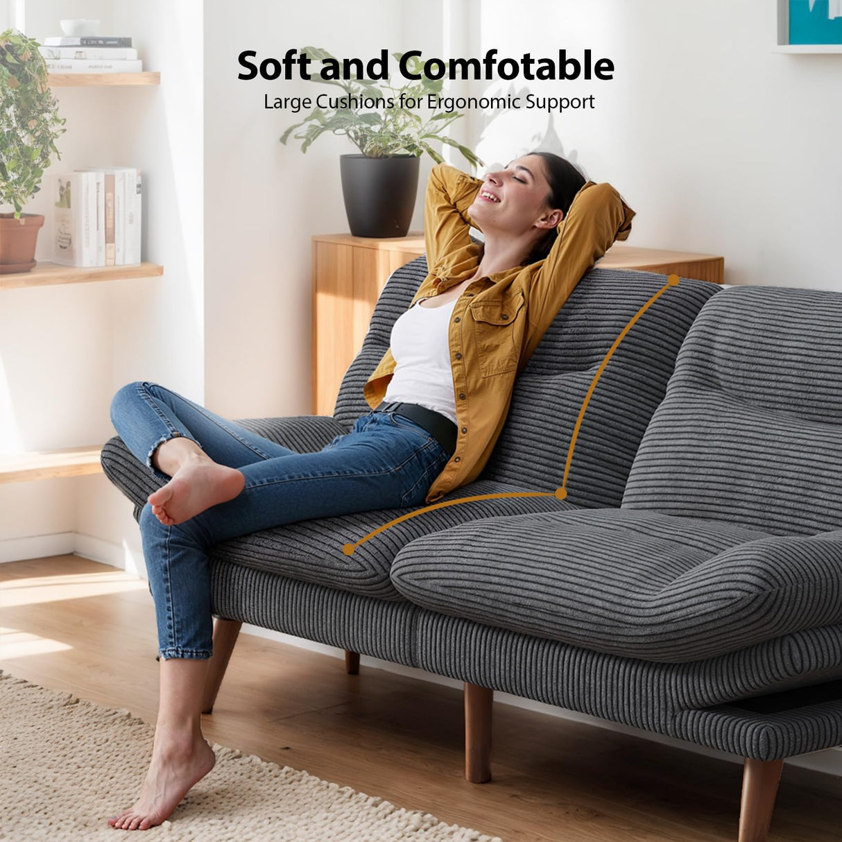 PERLECARE Convertible Futon Sofa Bed, Corduroy Futon Couch with Adjustable Backrest and Armrests, 3-in-1Recliner Sleeper Sofa for Small Spaces, Play Room or Office(Grey,66 in) PERLECARE