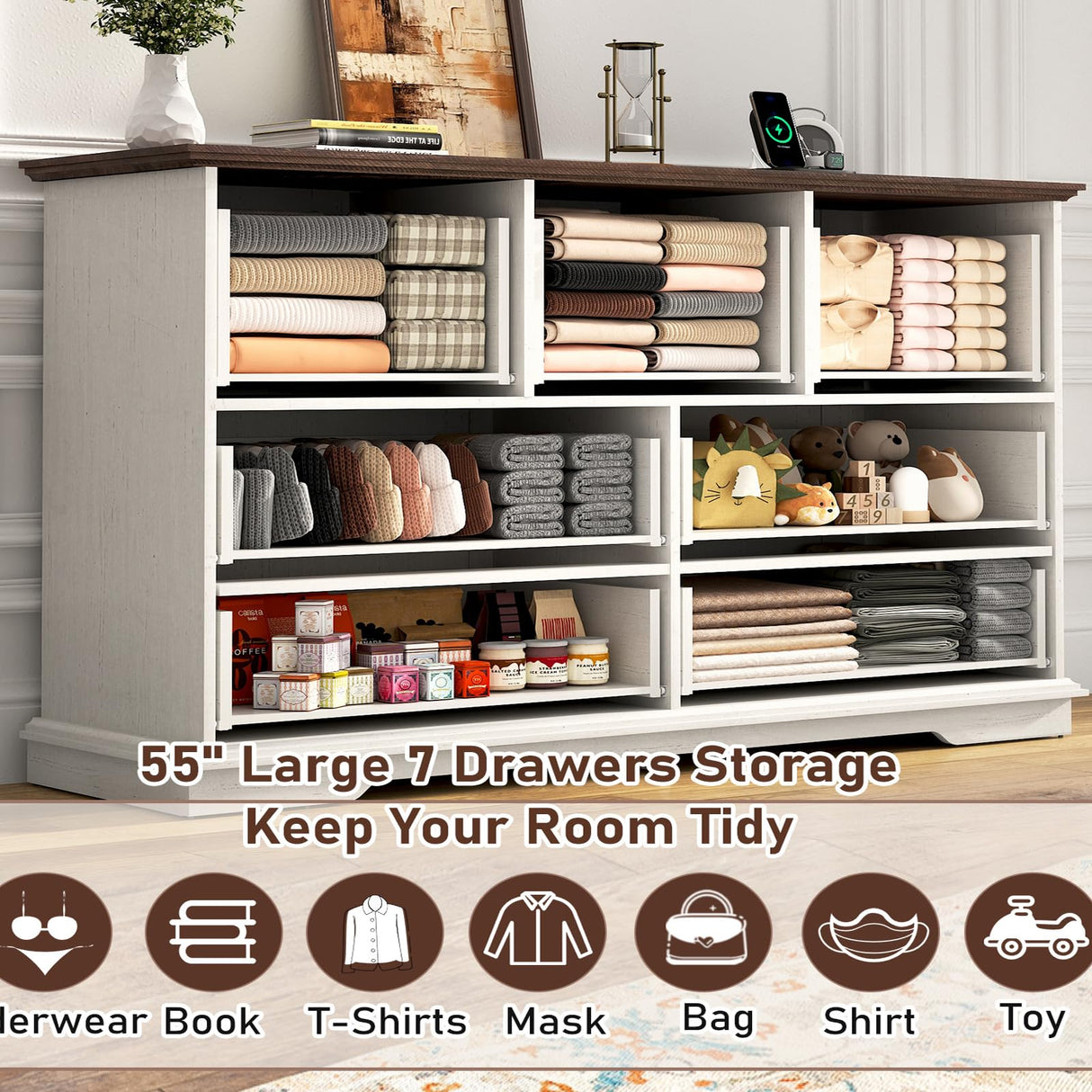 chartustriable 55" Farmhouse 7 Drawers Dresser Chests for Bedroom w/Deep Big Drawers, Tall Wide Wood Country Rustic Chest of Drawers, Storage Dressers for Bedroom, Living Room,Antique White chartustriable