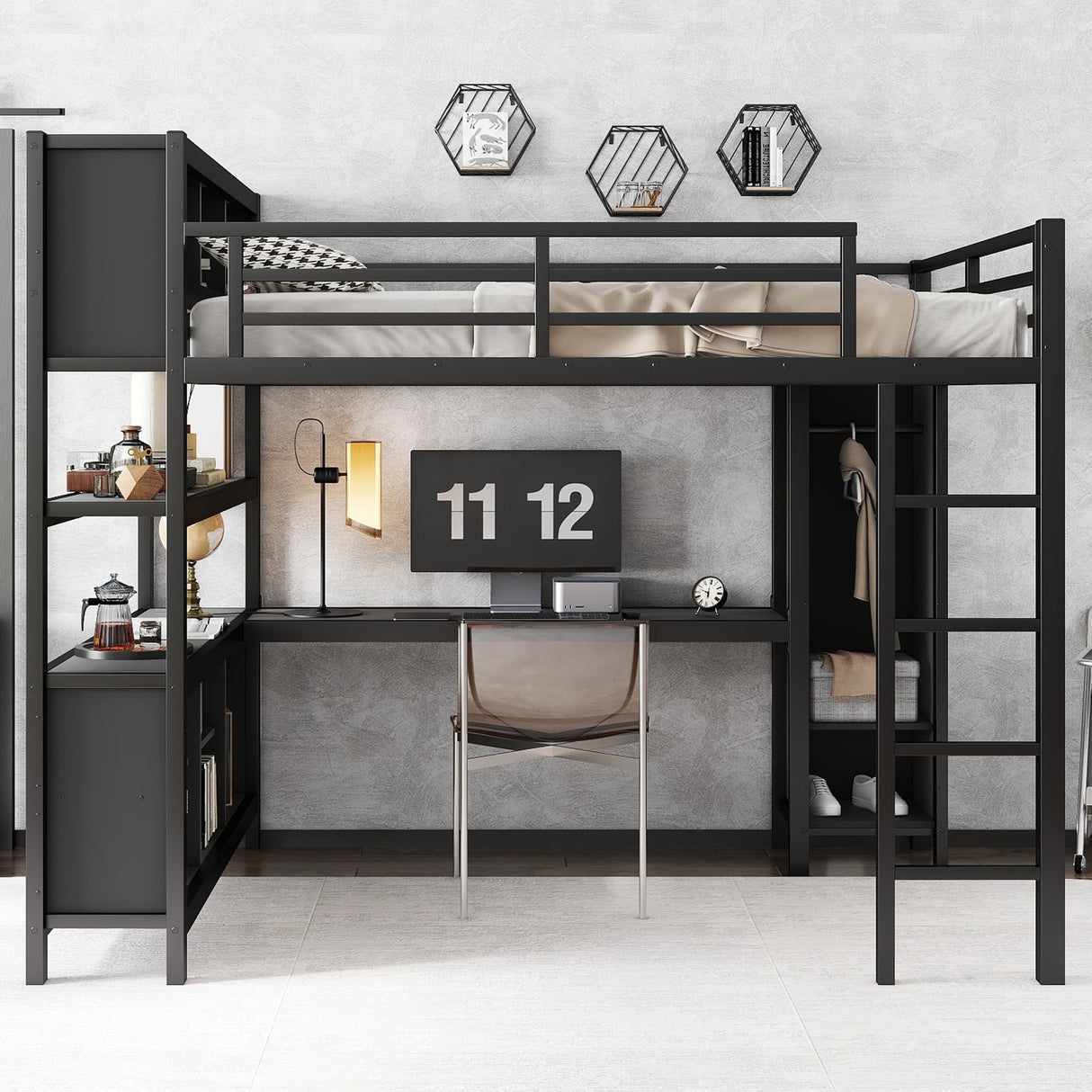 Bellemave Queen Size Loft Bed with Desk, Wardrobe & Storage Shelves, Modern Metal Loft Bed Frame for Adults, Teens, Kids, Space-Saving Queen Bed for Small Rooms, Dorms, Apartments (Queen, Black) Bellemave