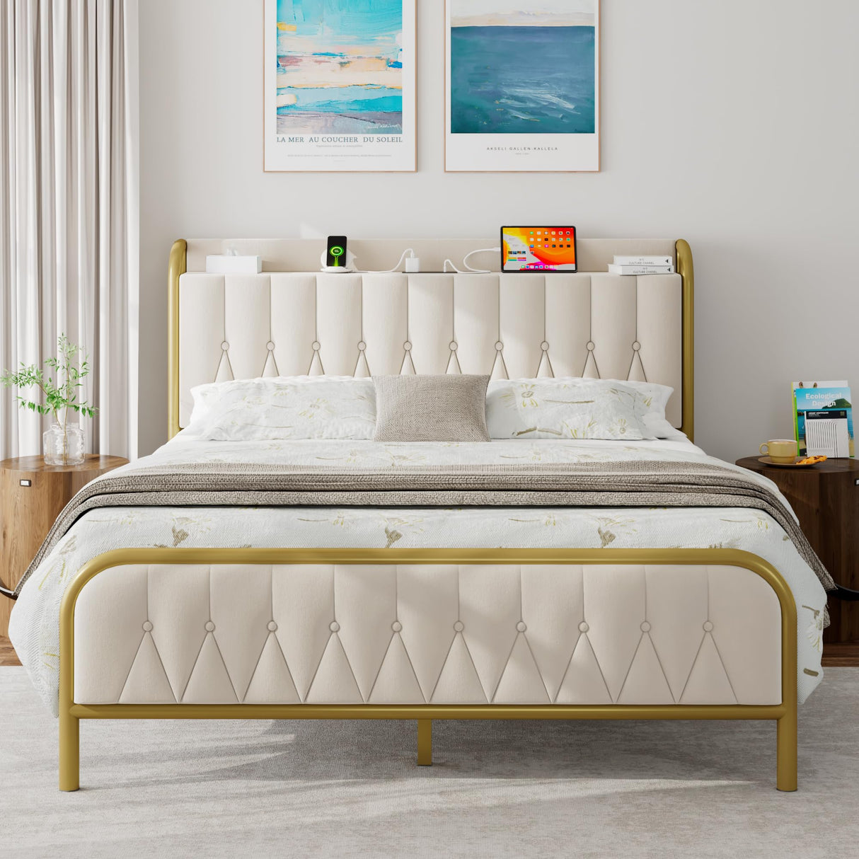 iPormis Full Size Metal Bed Frame with Charging Station, Velvet Upholstered Headboard and Footboard, Heavy Duty Steel Support, 12" Under Bed Storage, No Box Spring Needed, Easy Assembly, Beige iPormis