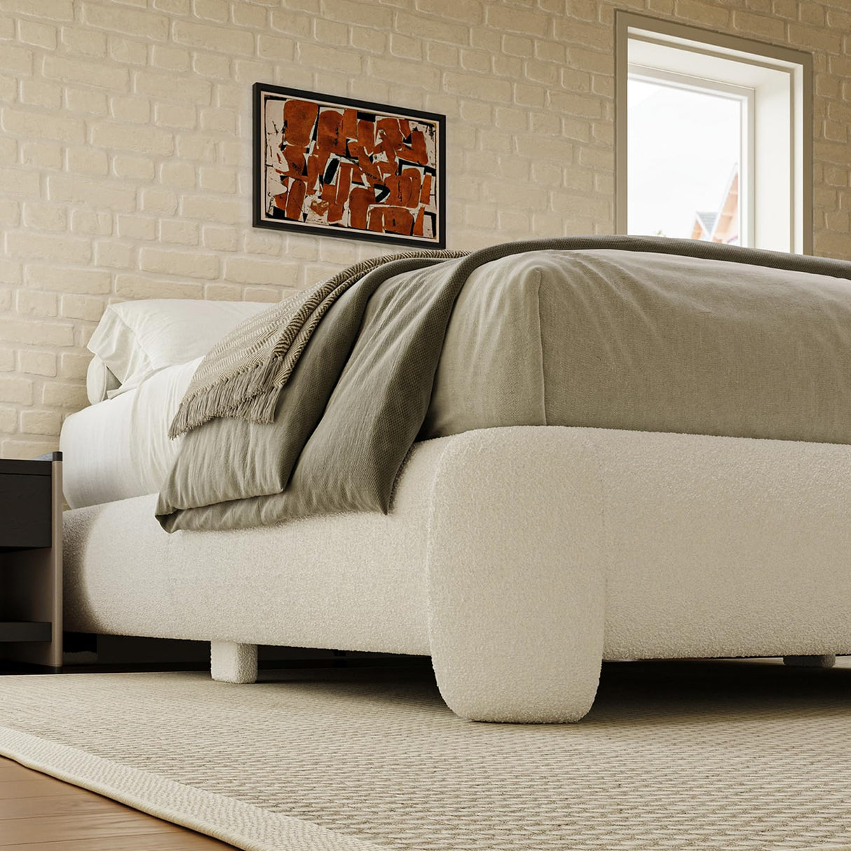 ZENBEDING Cloud Platform Bed Frame Queen Size, Soft Boucle Bed Frame with Round Corner, Upholstered Queen Bedframe with Heavy Duty Wood Slat, No Box Spring Needed, Easy Assembly, White ZENBEDING