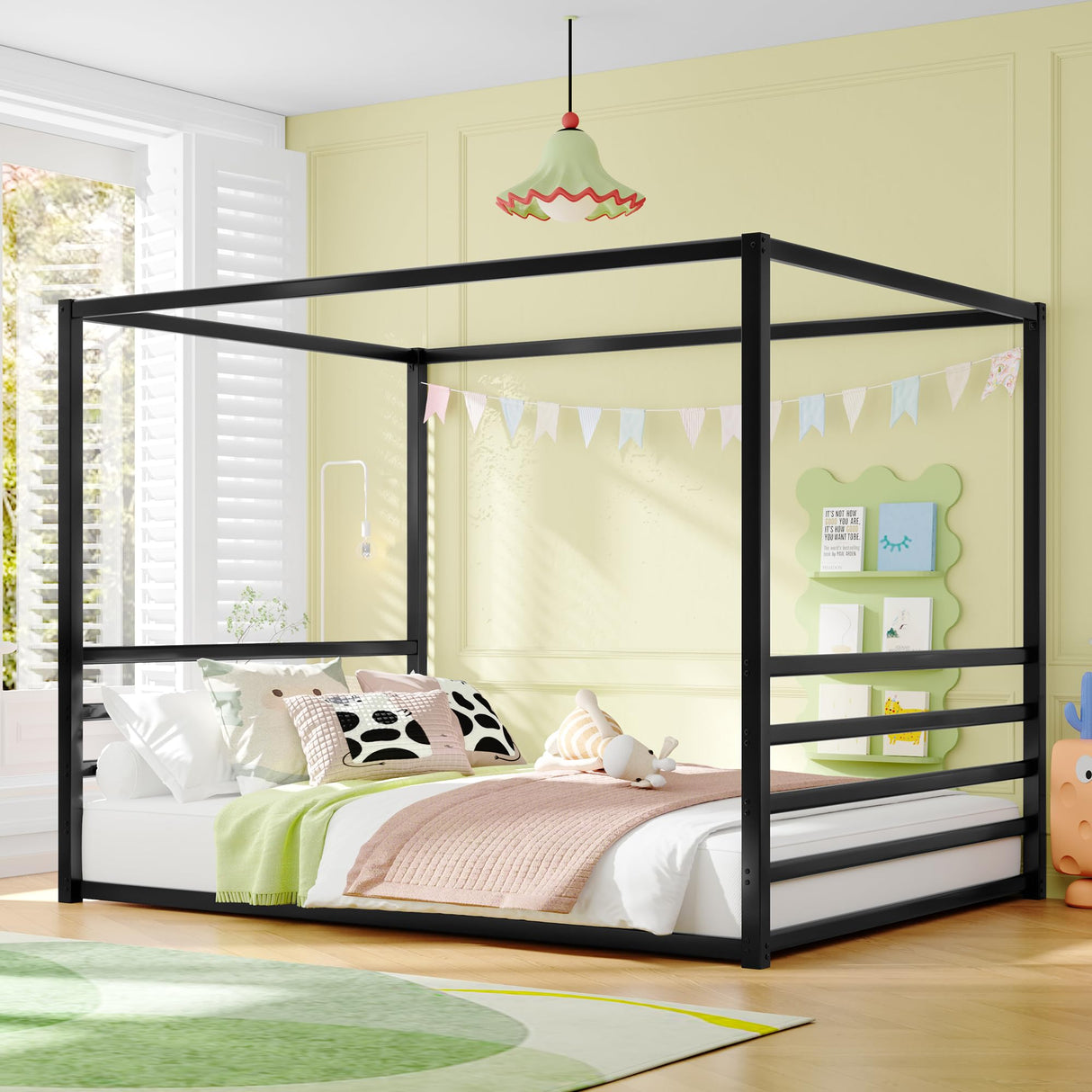 Queen Size Canopy Bed Frame with 4 Posters and Guardrails, Queen Size Montessori Floor Bed with High Fence, Anti Bump Design, Easy Assemble, Metal Montessori Bed Black Bellemave