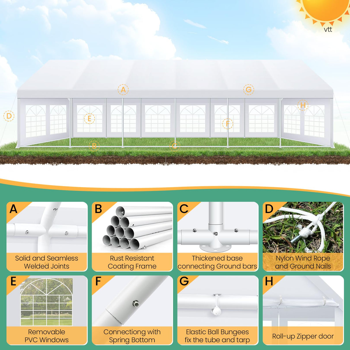 COBIZI 20x40 Party Tent Heavy Duty, Party Tents with 8 Removable Sidewalls & 4 Built-in Sandbags, Commercial Wedding Large Tent UV50+ Waterproof, White COBIZI