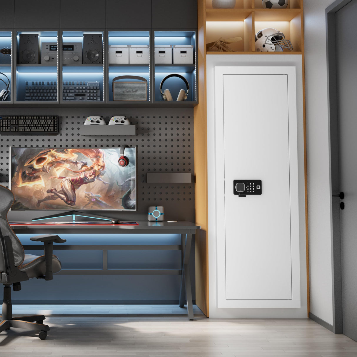 Superday 4-6 Wall Guns Safes with Electronic Fingerprint lock, Quick Access Locking Gun Cabinets for Rifles and Shotguns, White Unassembled Gun Safe for Rifles and Pistols with 3 Removable Shelves Superday