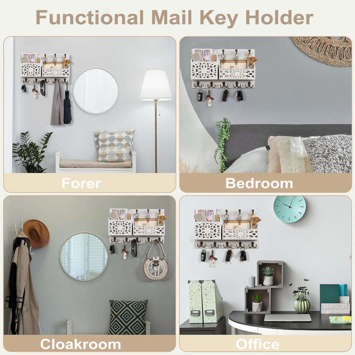 QILICHZ Key and Mail Holder for Wall,Decorative Key Holder Wall Mount,Wood Key Holder for Wall,Farmhouse Mail Key Organizer 13 Key Hooks,Rustic Key Hanger Wall Mount for Mail Envelope Letter Key,White QILICHZ