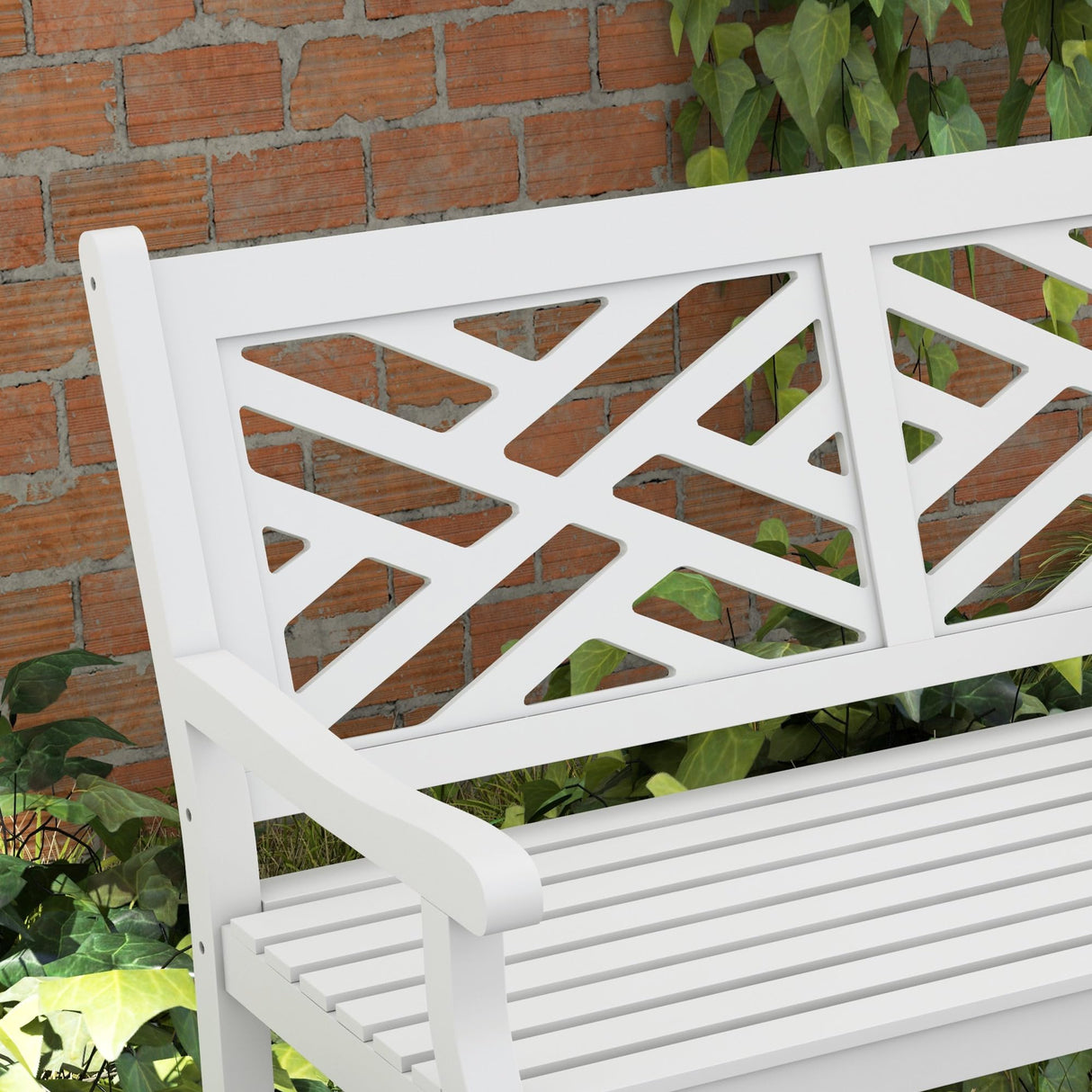 Outsunny Outdoor Garden Bench, Wooden Frame Patio Bench with Geometric Pattern, 43.25 Inch Weatherproof 2-Person Love Seat for Garden, Lawn, Porch, Yard, Work Entryway, White Outsunny