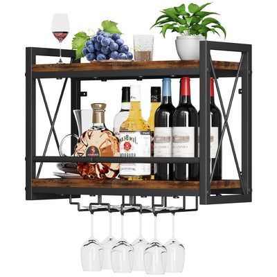 Homeiju Wall Mounted Wine Rack, Bottle & Glass Holder Wood-Metal Retro Wine Rack, Wine Bottles Display Wall Storage for Kitchen Dining Room Home Bar