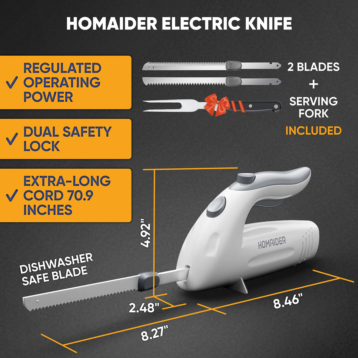 Homaider Electric Knife for Carving Meat, Turkey, Bread & More. Serving Fork and Carving Blades Included Homaider