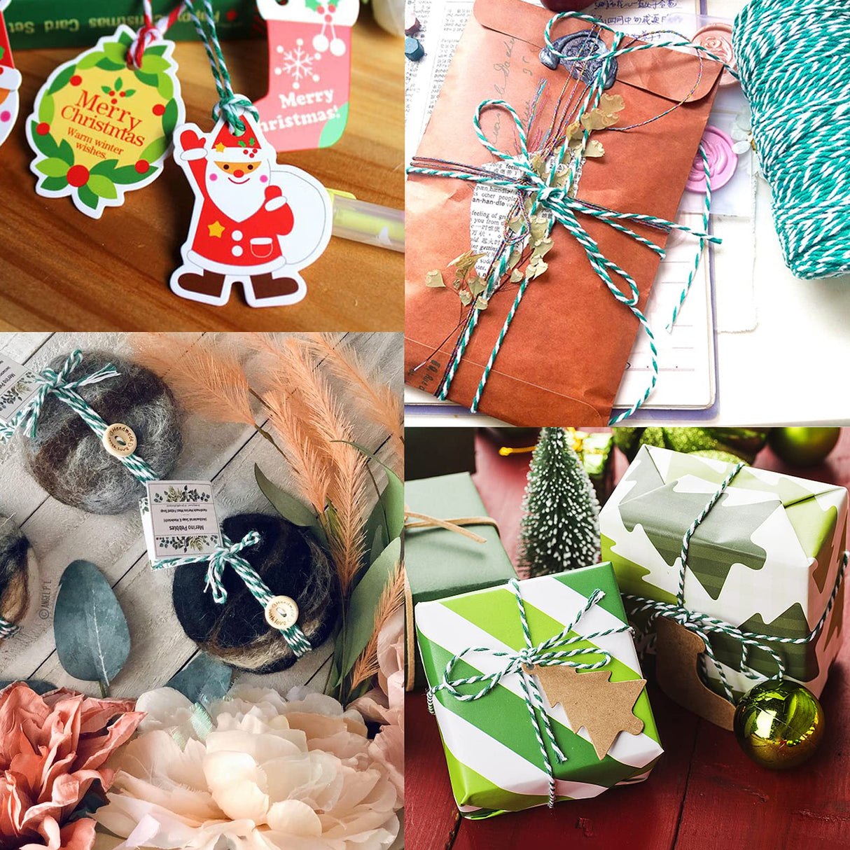 Benvo Pack of 2 Green White Cotton Twine and Red White Packing String Christmas Xmas Twine Rope Ribbon Cord for Baking, Butchers, DIY Crafts Wrapping Ornaments Hanging 656 ft Long Benvo