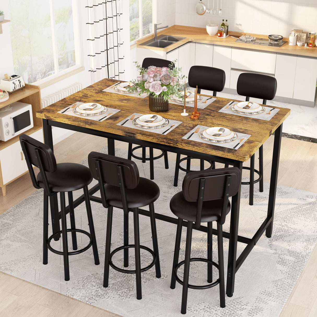 DKLGG 7-Piece Dining Table Set, 50" Bar Table Set for 6 with MDF & Metal Frame, Tall Dining with 6 PU Leather Chairs, Saving Space Pub and Chairs Sets for Bar, Kitchen, Brown DKLGG