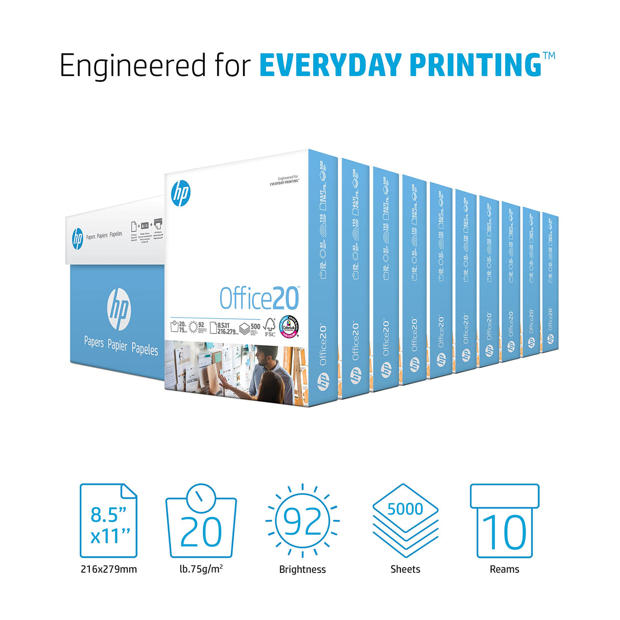 HP Printer Paper | 8.5 x 11 Paper | Office 20 lb | 10 Ream Case - 5000 Sheets | 92 Bright | Made in USA - FSC Certified | 112110C HP Papers