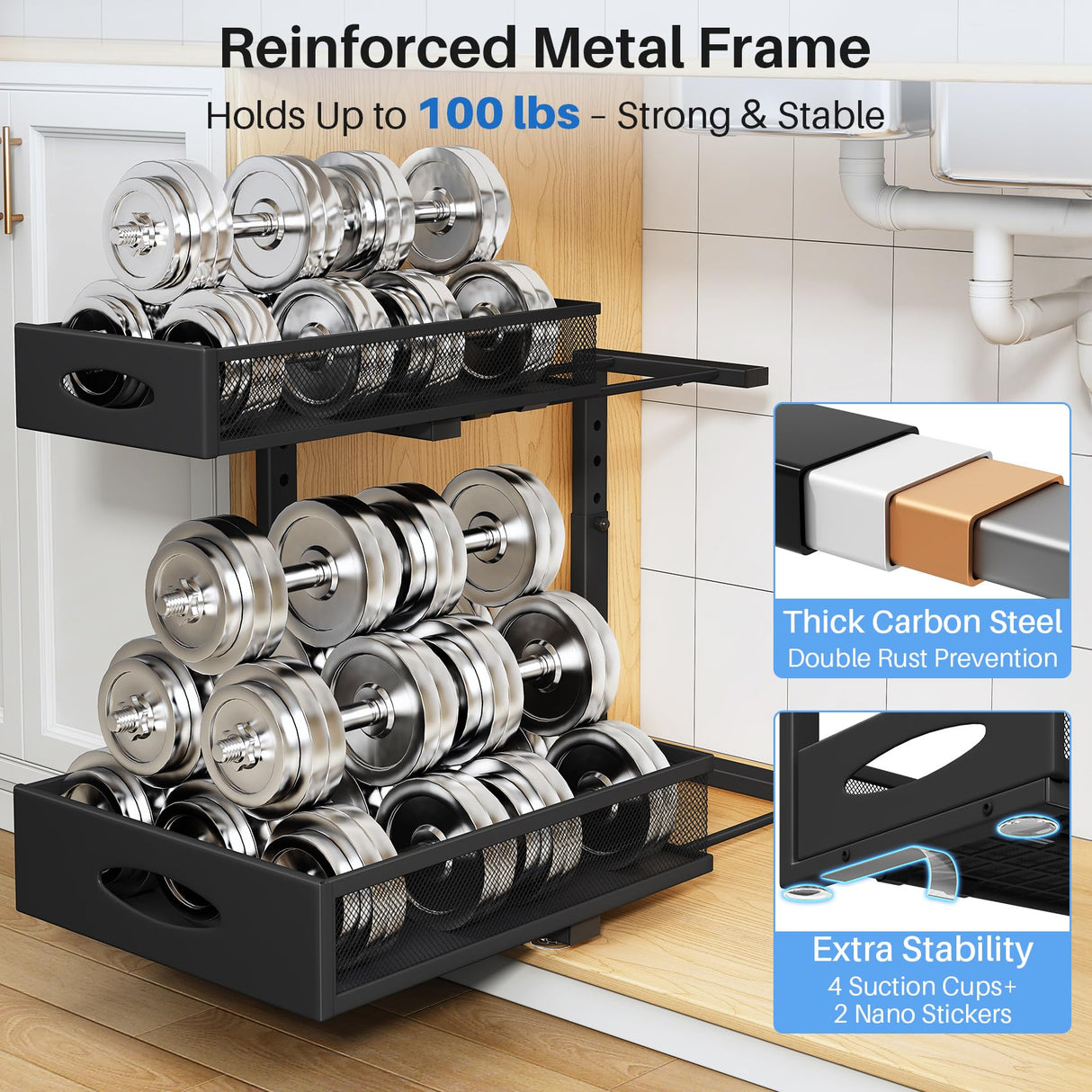 Under Sink Organizer, 2 Pack 2 Tier Pull Out Under Cabinet Organizer Shelf with Pad for Framed Cabinets, Metal Slide Out Under Sink Storage, Mesh Sliding Drawers for Kitchen Bathroom Laundry, Black PXRACK