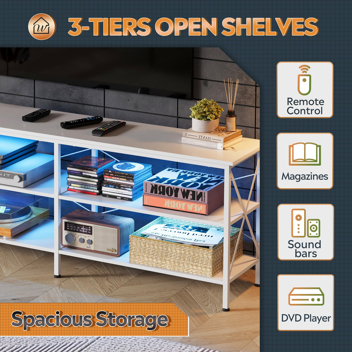 WLIVE TV Stand up to 70 Inch TV, 63" Entertainment Center with LED, TV Media Console with 3-Tier Storage Shelves for Living Room and Bedroom, White WLIVE