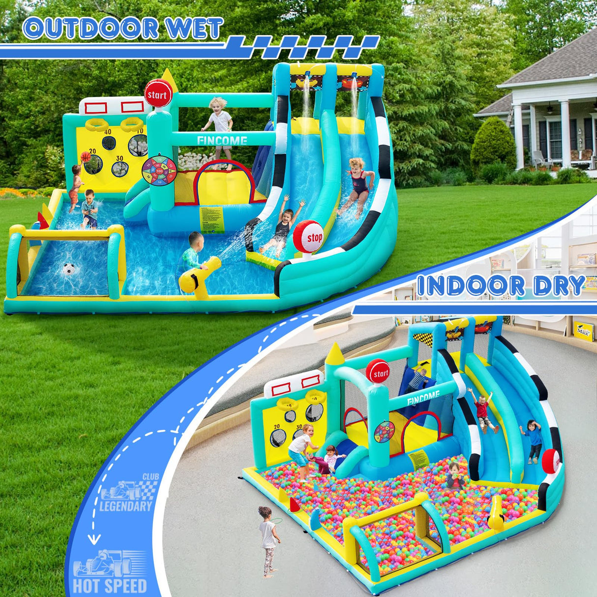 FINCOME Bounce House Double Slides for Kids 3-12, Large Bounce Castle with Air Blower 550W, Pool, Jumping, Climbing, Balls, Ring Toss, Inflatable Water Park for Birthday Party Holiday Outdoor Indoor FINCOME