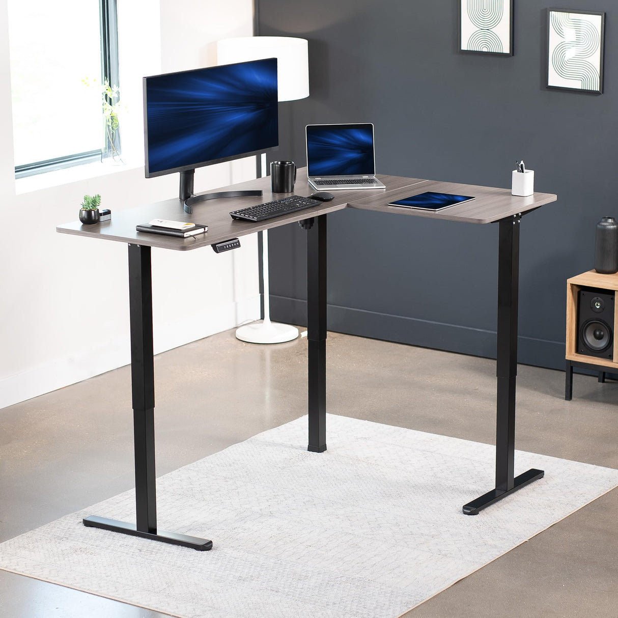 VIVO Electric Height Adjustable 63 x 47 inch Corner Stand Up Desk, Gray Table Top, Black Frame, L-Shaped Standing Workstation, 3CT Series, DESK-E3CTG-47 VIVO
