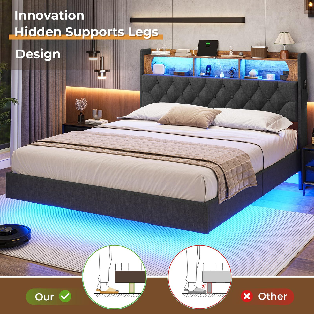 Floating Queen Bed Frame with RGB LED Headboard, USB Ports & Storage - ADORNEVE Dark Gray Upholstered Platform ADORNEVE