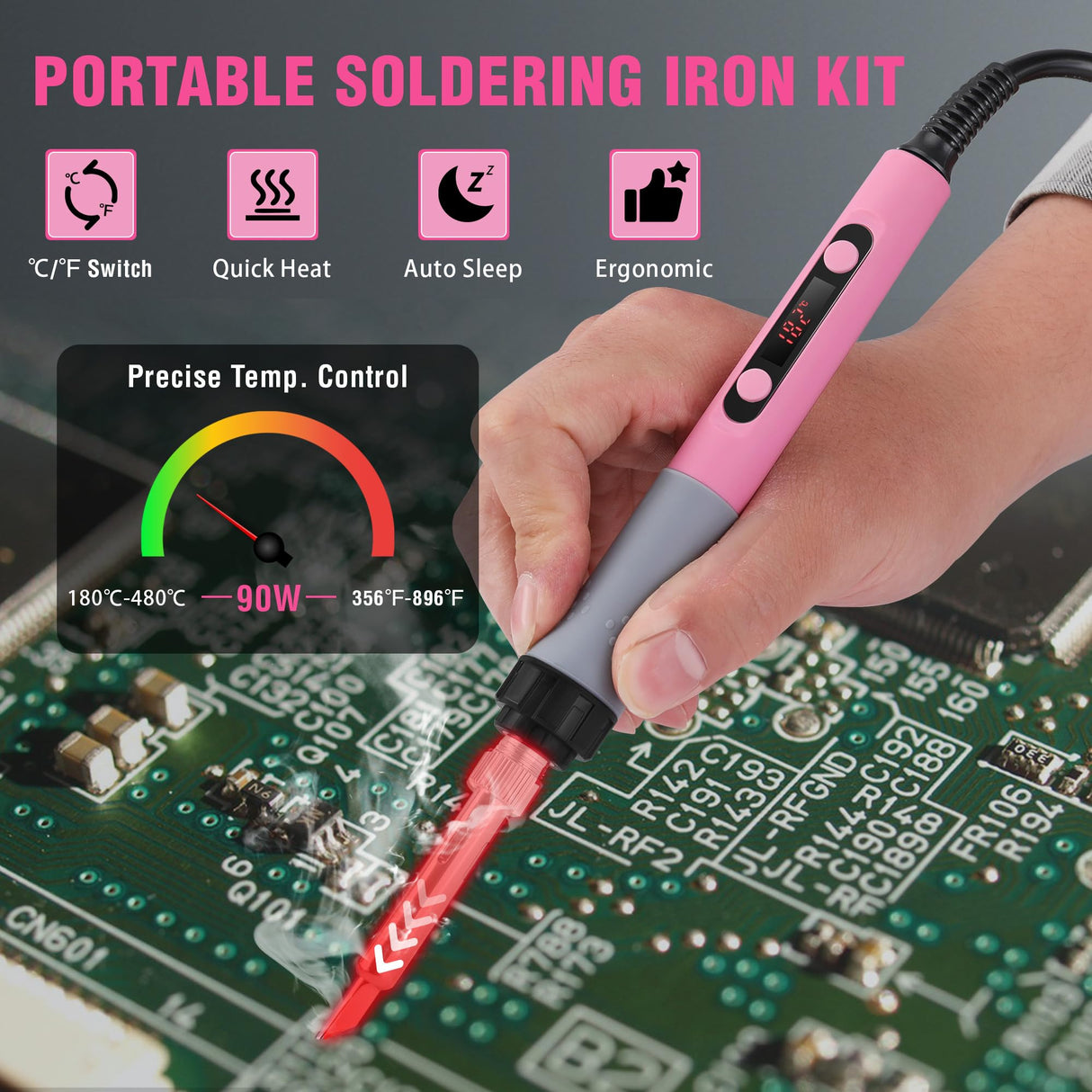 WORKPRO Soldering Iron Kit, 90W Soldering Gun with Digital Display, Iron Tips, 11-in-1 Adjustable Temperature Welding Kit for Electronic Repair, DIY Enthusiasts(110V US Plug,Pink) WORKPRO