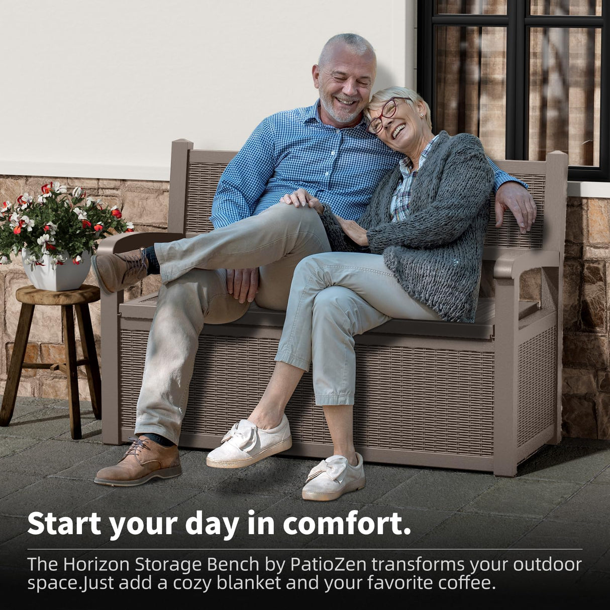 ROJIK 80 Gallon Storage Bench Deck Box Outdoor with Armrests,Storage Furniture Waterproof Lockable for Porch Patio and Garden (Grey) ROJIK