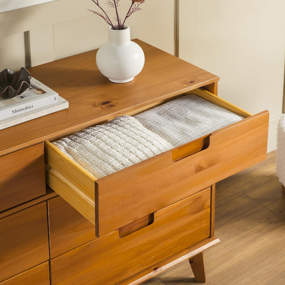 Walker Edison Sloane 6-Drawer Groove Handle Solid Wood Dresser, 52 Inch, Caramel Walker Edison